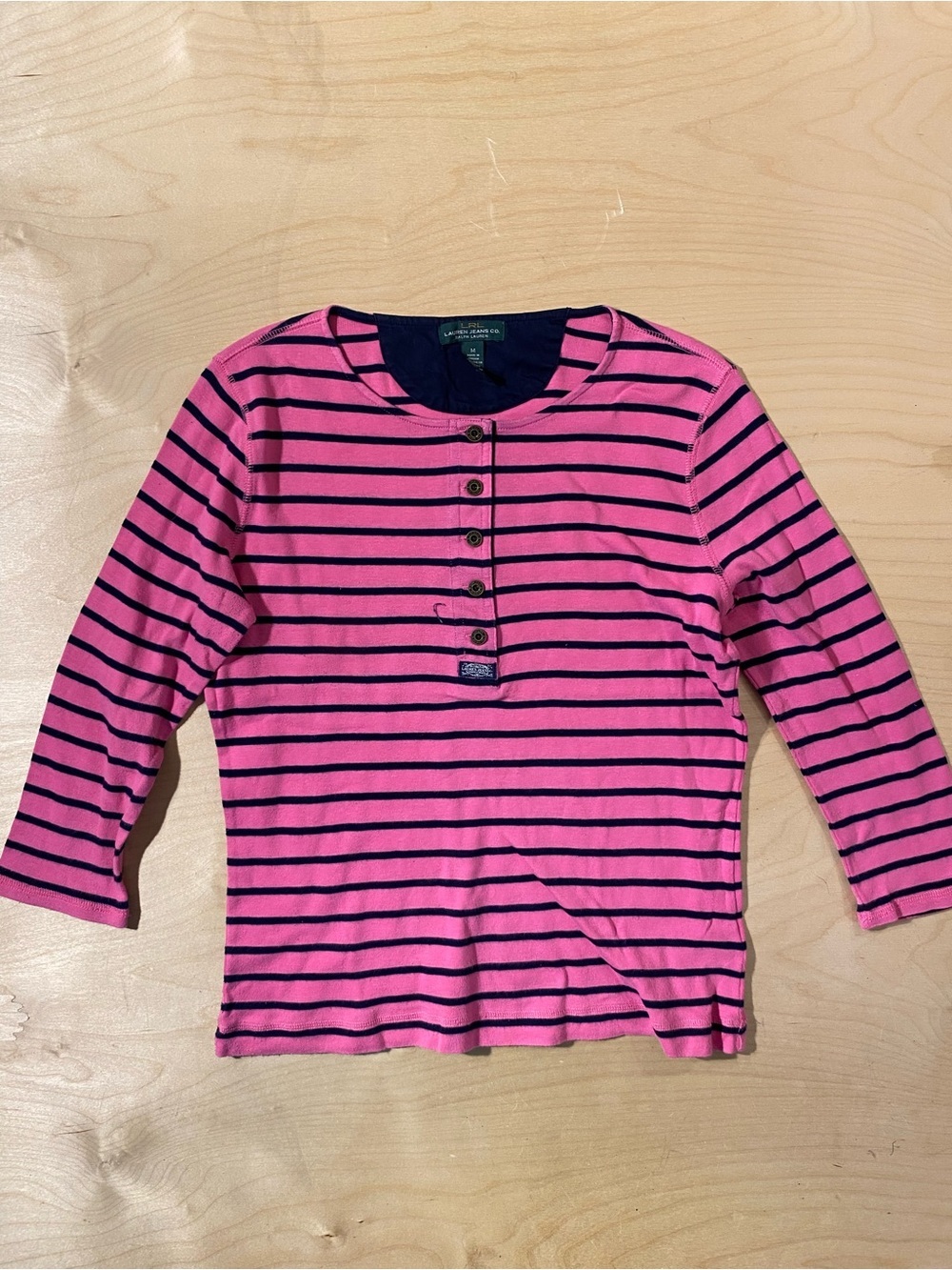 Ralph Lauren Pink and Navy Striped Henley Long Sleeve Top Medium (SB)